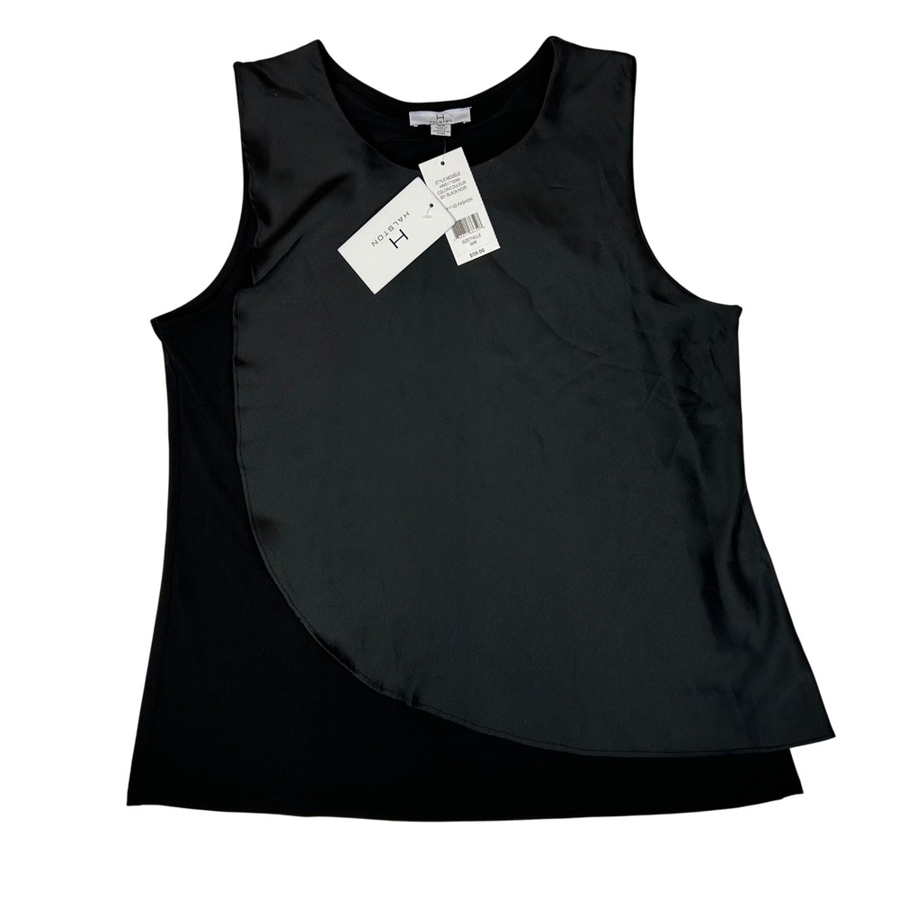 Halston HWS1710044 Black Asymmetrical Satin Overlay Sleeveless Top Medium NWT